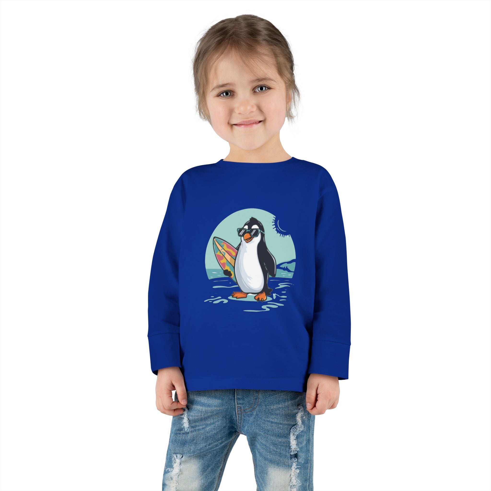 Toddler Long Sleeve Tee — Surfing Penguin Graphic