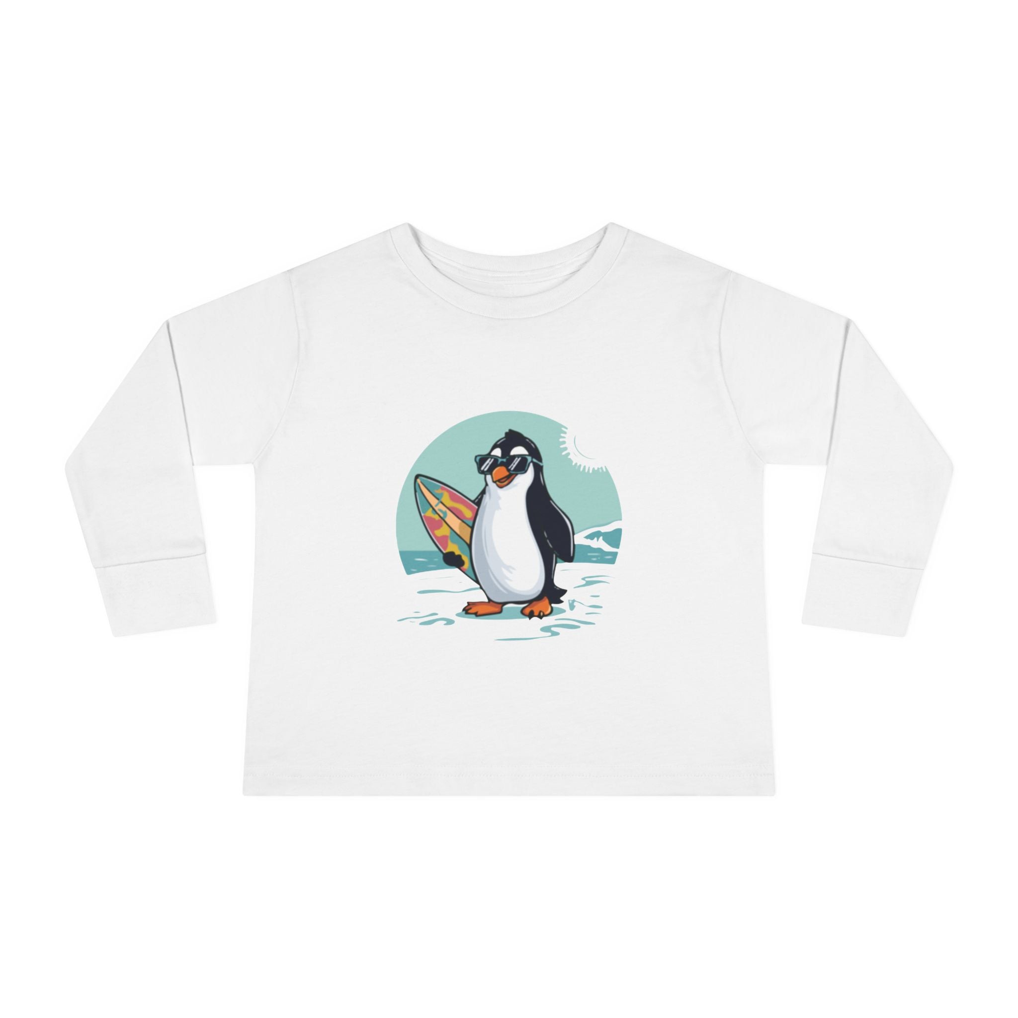 Toddler Long Sleeve Tee — Surfing Penguin Graphic