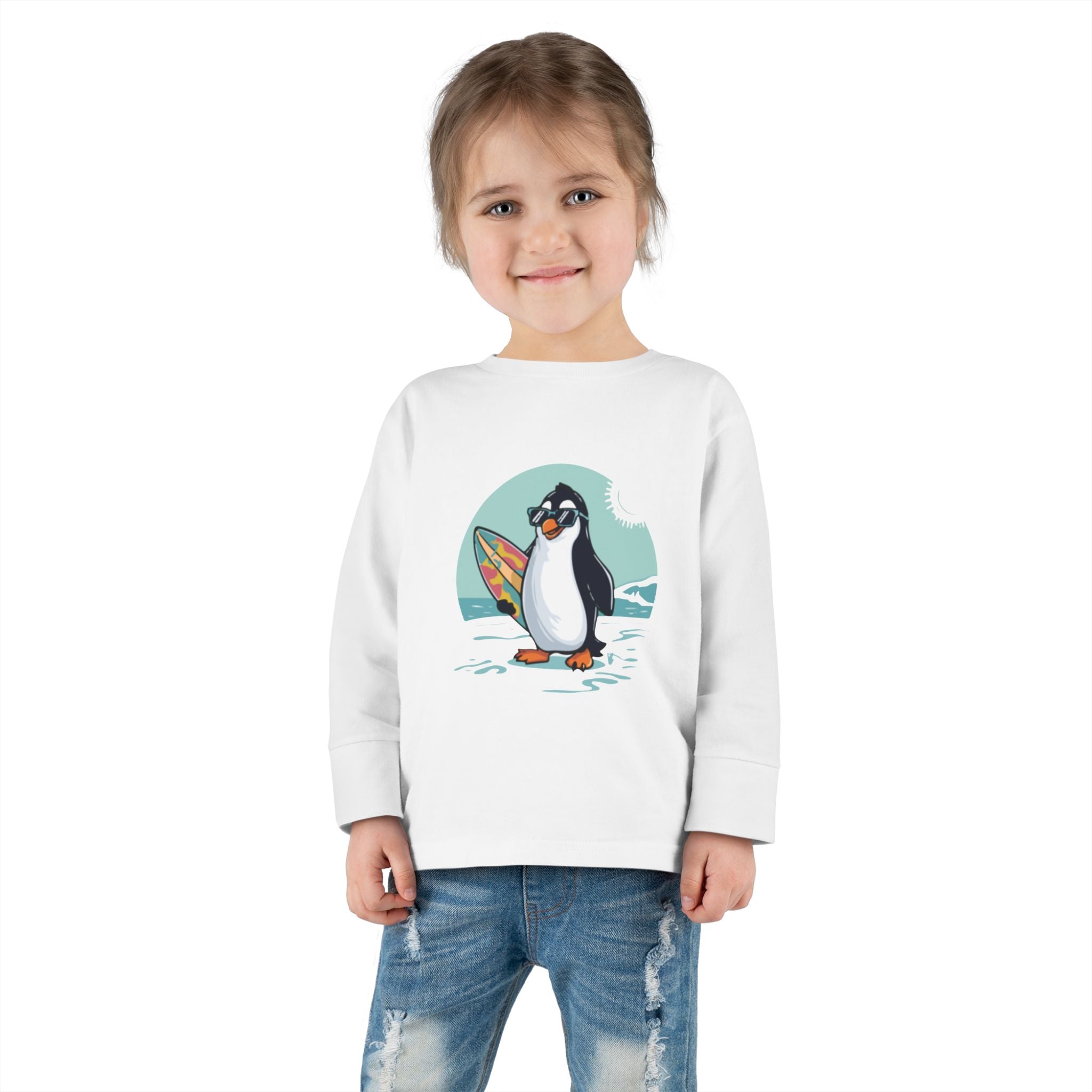 Toddler Long Sleeve Tee — Surfing Penguin Graphic