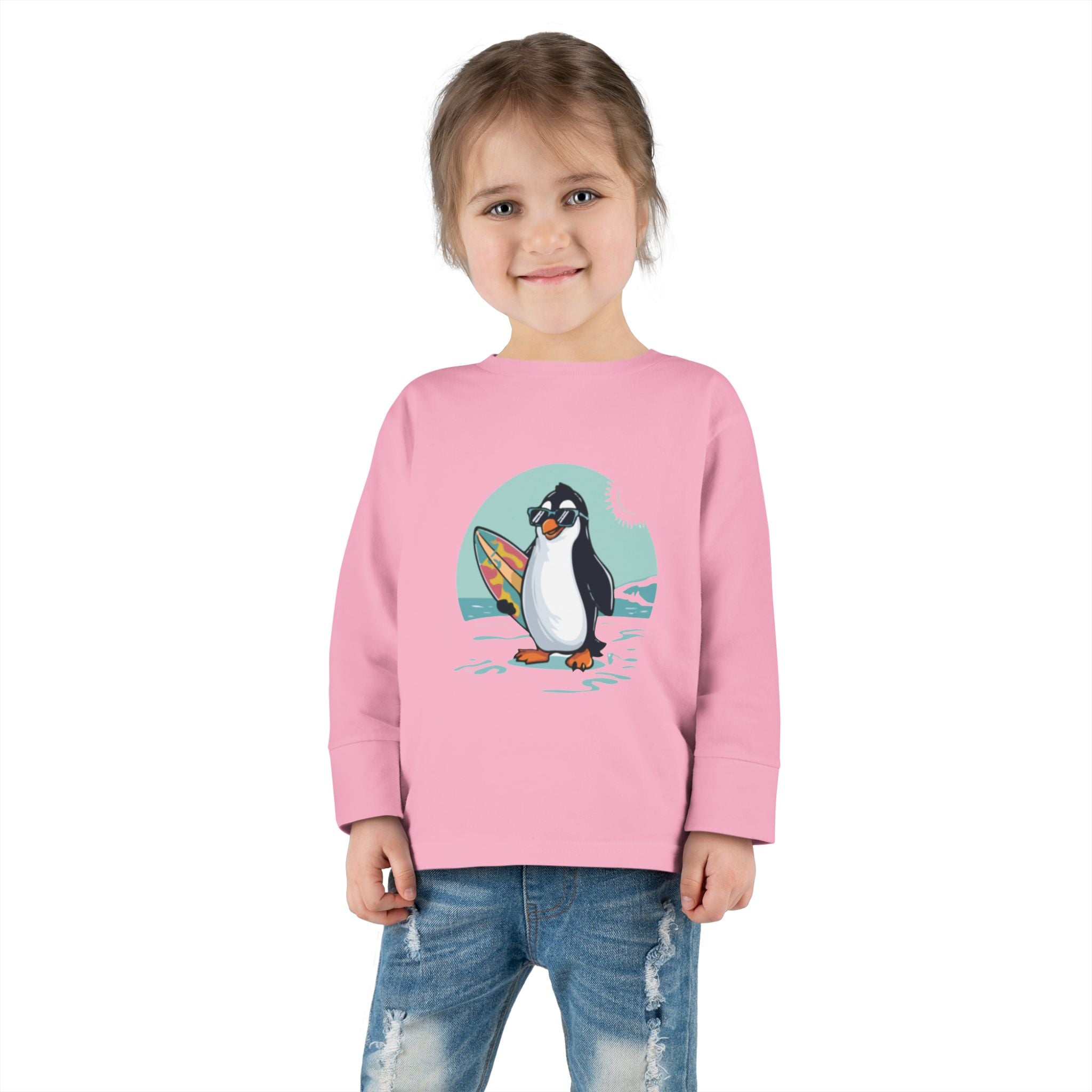 Toddler Long Sleeve Tee — Surfing Penguin Graphic