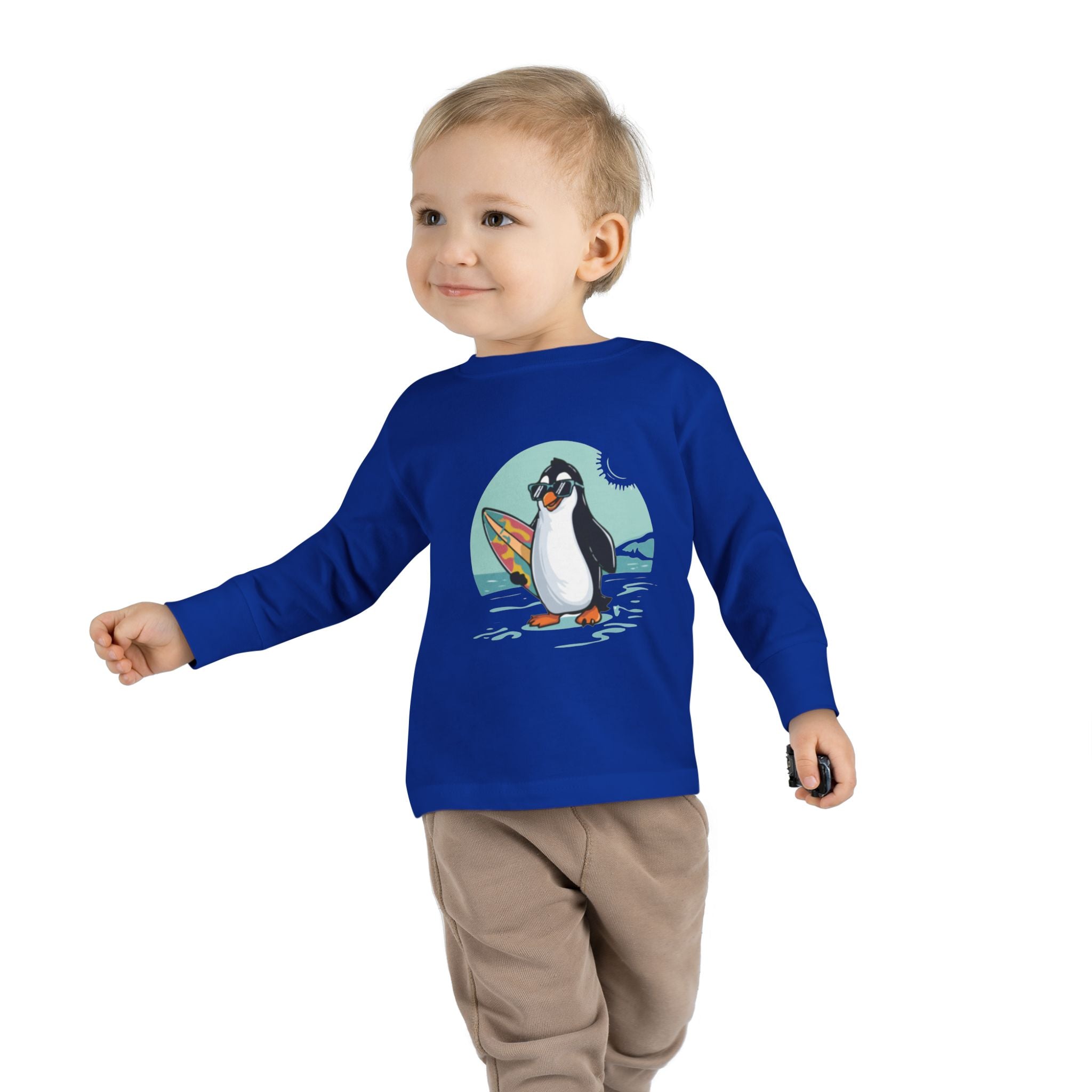 Toddler Long Sleeve Tee — Surfing Penguin Graphic
