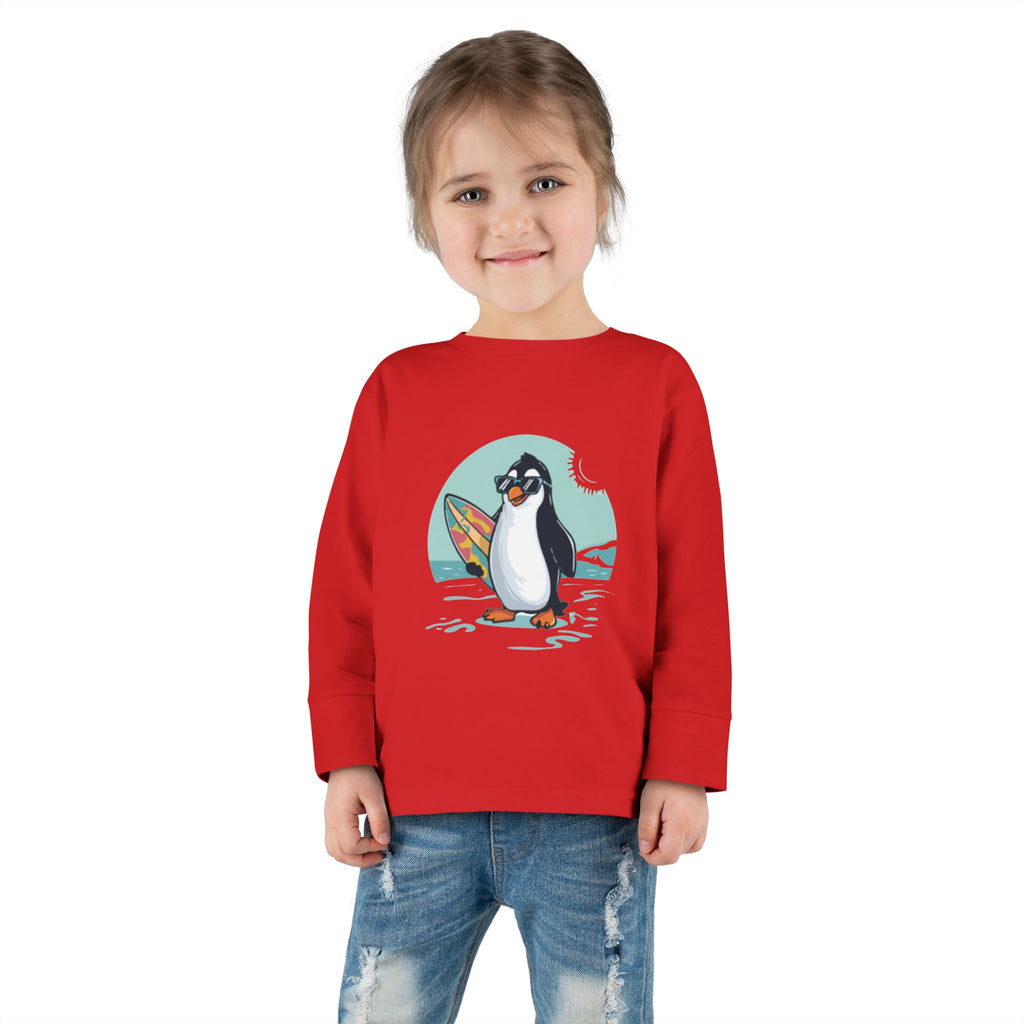 Toddler Long Sleeve Tee — Surfing Penguin Graphic