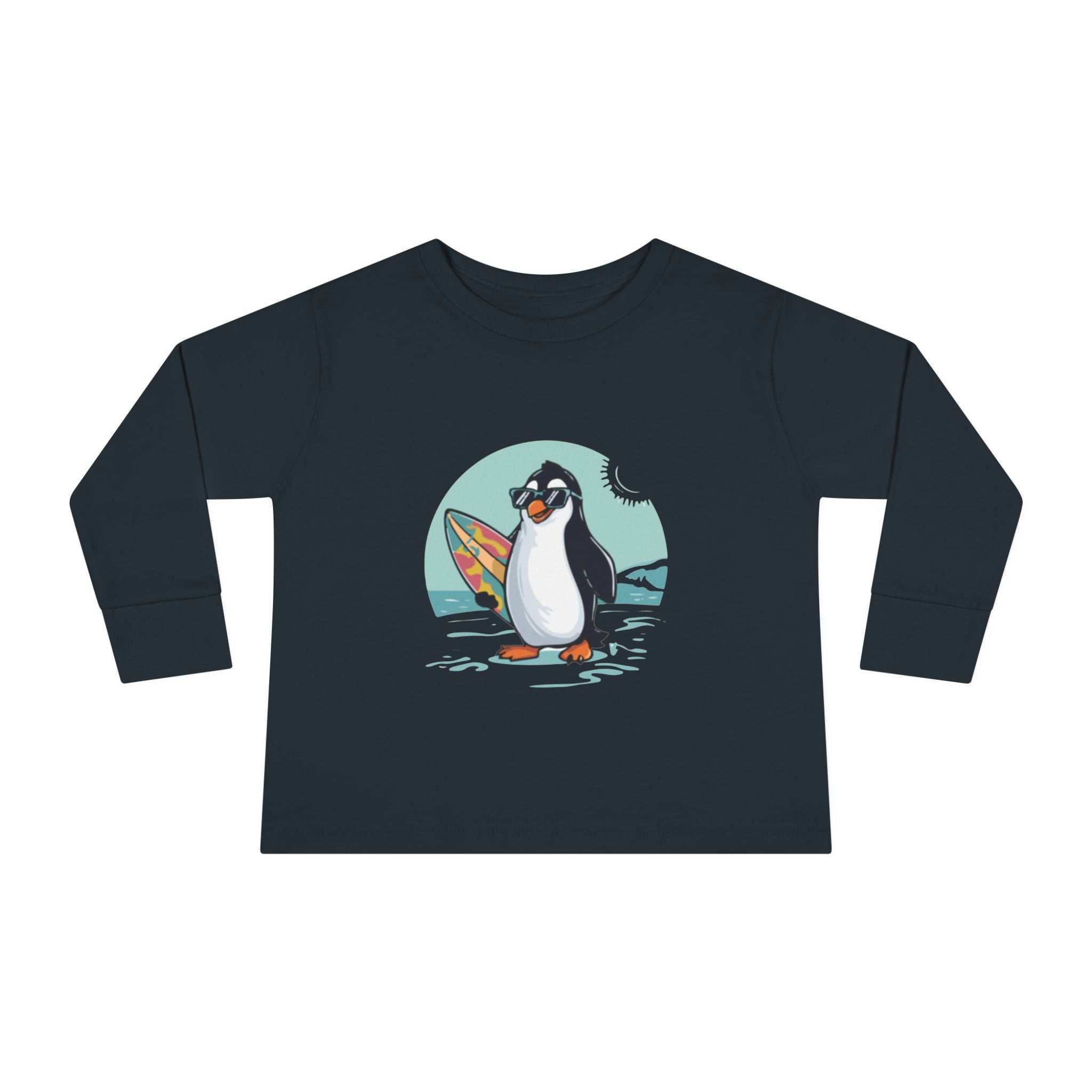 Toddler Long Sleeve Tee — Surfing Penguin Graphic