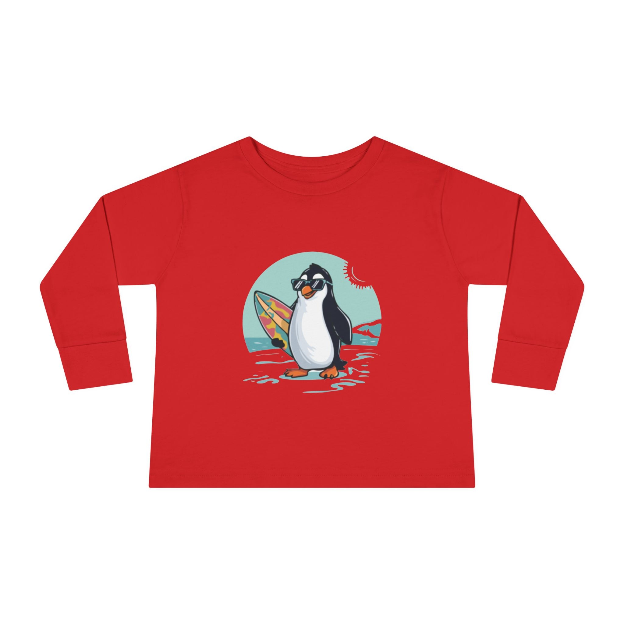 Toddler Long Sleeve Tee — Surfing Penguin Graphic