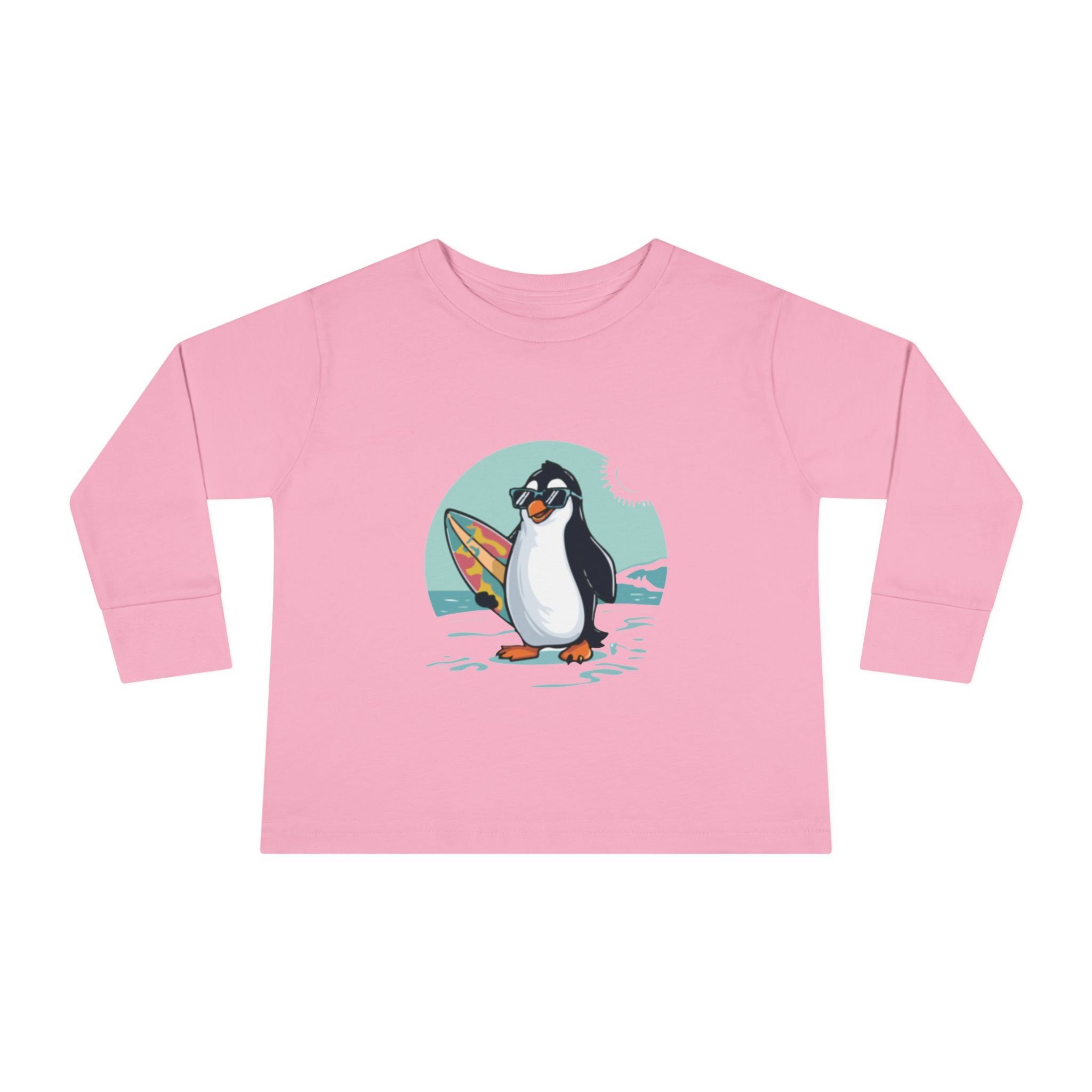 Toddler Long Sleeve Tee — Surfing Penguin Graphic