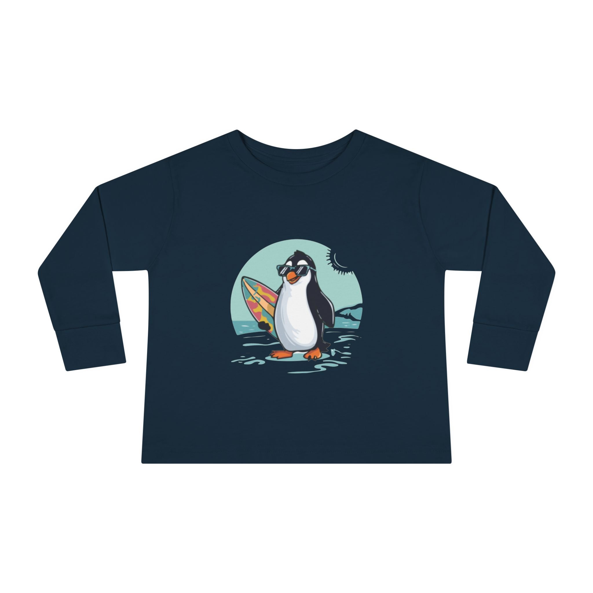 Toddler Long Sleeve Tee — Surfing Penguin Graphic