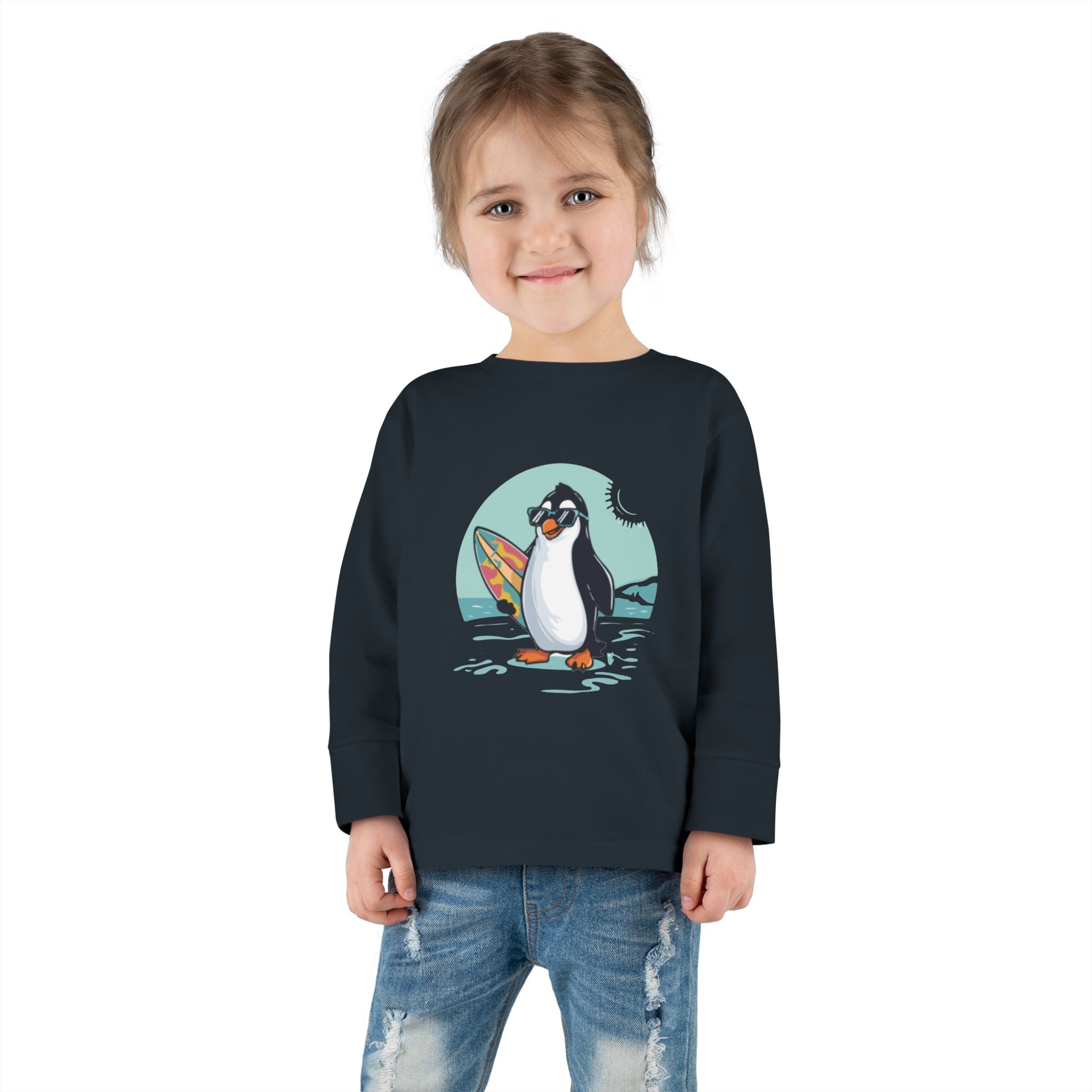 Toddler Long Sleeve Tee — Surfing Penguin Graphic