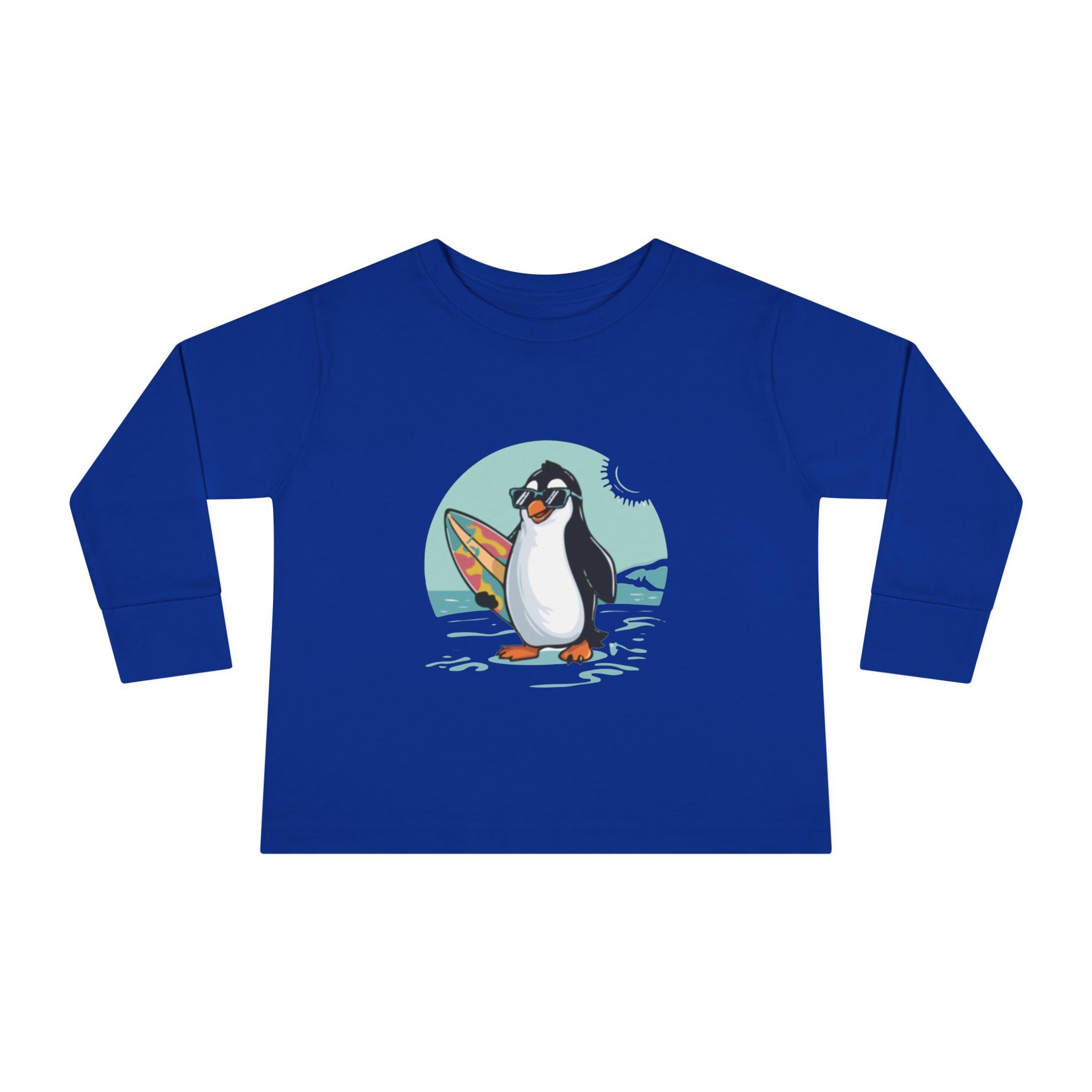 Toddler Long Sleeve Tee — Surfing Penguin Graphic