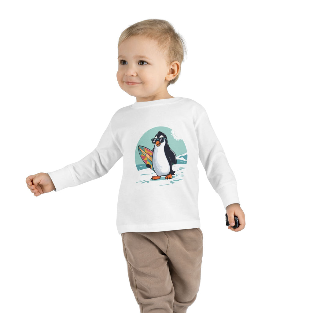 Toddler Long Sleeve Tee — Surfing Penguin Graphic