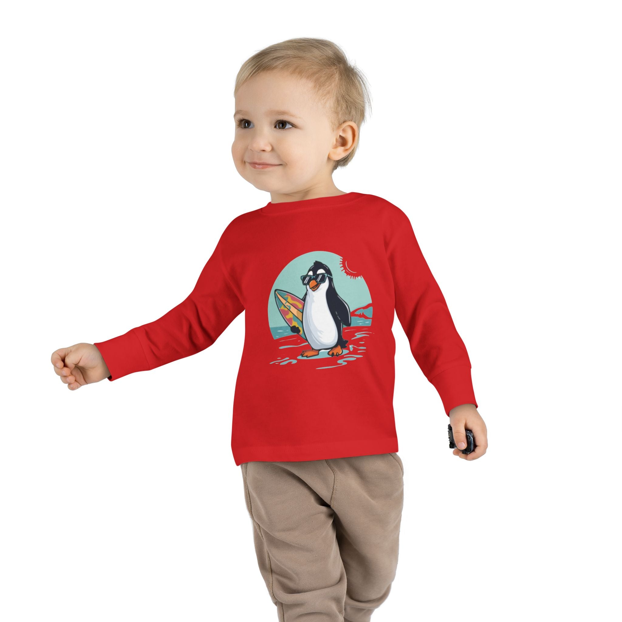 Toddler Long Sleeve Tee — Surfing Penguin Graphic