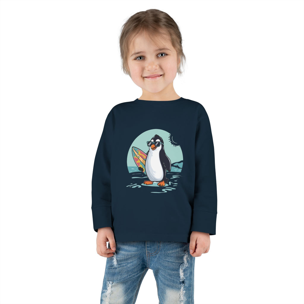 Toddler Long Sleeve Tee — Surfing Penguin Graphic